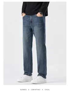 Men's casual blue denim straight pants detail view showing comfort and style design.