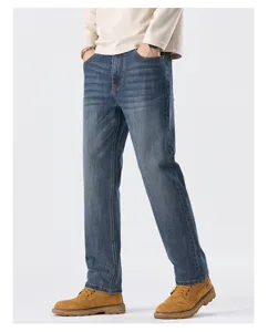 Men's blue casual straight-leg denim pants, featuring comfortable stretch fabric design.