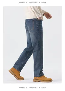 Men casual straight leg blue denim jeans business style comfortable stretch autumn pants