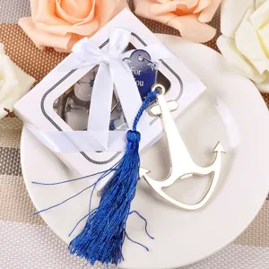 Apribottiglie ad ancora con nappa blu e confezione regalo per bomboniere di nozze vista principale