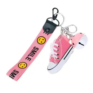 Cute mini canvas shoes keychain with pink strap and bell for car keys bag decor