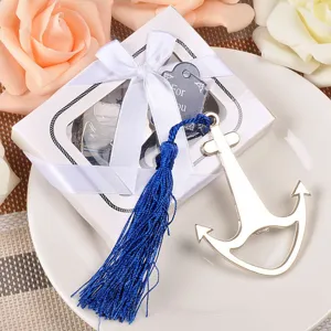 Apribottiglie ad ancora in lega creativa con nappina blu e confezione regalo di nozze elegante.