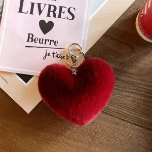Heart-shaped faux rabbit fur plush keychain bag charm pendant fluffy cute red accessory gift