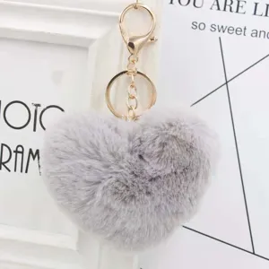 Grey heart plush keychain fluffy pom pom bag charm cute furry pendant accessory for women