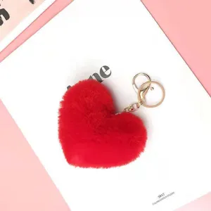 Red faux fur heart keychain fluffy plush bag charm cute keyring golden metal clasp accessory