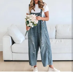 Vintage distressed ripped denim overalls women loose slim fit cropped jumpsuit summer