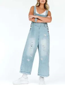 Retro distressed ripped denim overalls for women, loose casual cropped jumpsuit for summer.