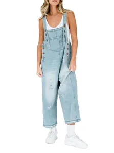Women's vintage distressed light blue denim overalls, loose casual cropped jumpsuit for spring.