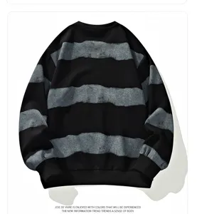 Detail view of the black and grey color block striped mens casual sweatshirt close up features.