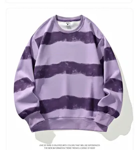 Close-up detail of mens purple striped long sleeve sweatshirt, casual pullover top design.