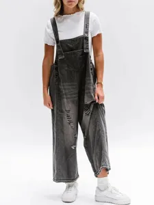 Women's Vintage Distressed Ripped Denim Overalls Casual Loose Cropped Jumpsuit