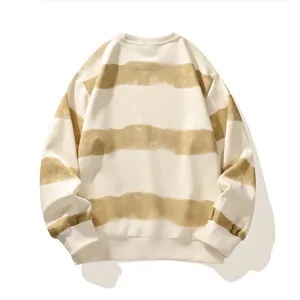 Men's casual crewneck sweatshirt with stylish beige block striped design, comfortable fit.