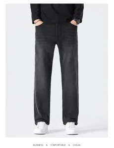 Men loose straight casual trousers grey fabric detail view comfortable business wear pants