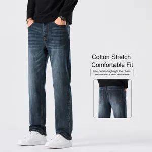 Men's Casual Business Stretch Jeans Loose Straight Fit Denim Pants Classic Washed Long Trousers Male Apparel
