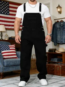 Hombres peto vaquero negro elegante pierna recta pantalones con babero streetwear.