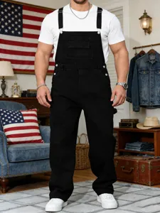Hombre peto de denim negro talla grande pierna recta casual dungarees con bolsillo delantero
