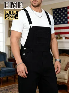 Men's plus size black denim overalls casual straight leg workwear pants with pocket