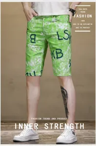 Men's green printed stretch denim shorts summer casual five-point beach trousers streetwear