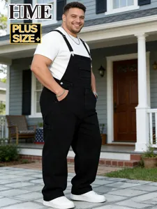 Plus size black denim bib overalls for men, casual streetwear straight leg work pants.