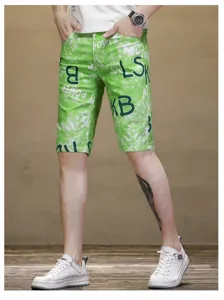 Men's green printed denim shorts casual summer stretch five-point fashion beach pants