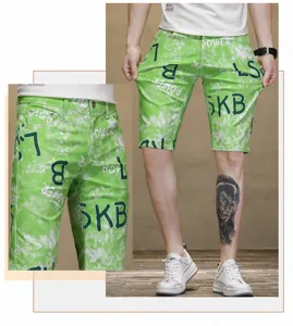Men's summer green elastic printed denim shorts casual five-quarter straight pants streetwear.