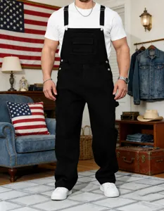 Men's Casual Denim Bib Overalls Plus Size High Street Loose Straight Leg Long Pants Working Trousers