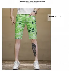 Men green stretch printed denim shorts casual straight fit five point summer beach pants