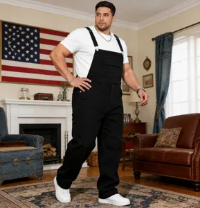Plus size men denim overalls streetwear casual straight leg jumpsuit black cotton pants.