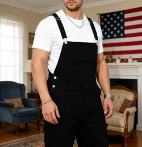 Men black denim overalls plus size casual streetwear straight leg jumpsuit bib pants