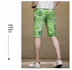 Men's green printed denim shorts, casual stretch straight fit summer beach shorts.