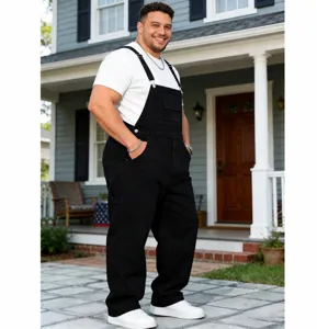 Plus size men black denim overalls casual straight leg streetwear fashion long pants