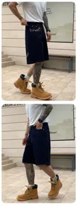 Men's loose denim shorts casual streetwear knee length blue five point pants with colorful embroidery