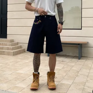 Men's Casual Loose Denim Shorts Summer Korean Style Straight Leg Chenille Shorts Letter Embroidery Streetwear Fashion
