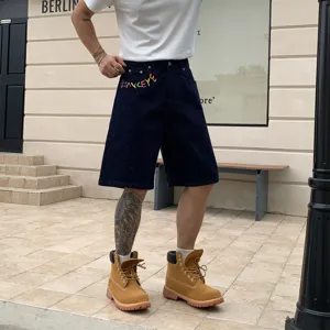 Men casual blue loose denim shorts, trendy streetwear knee length casual trousers.