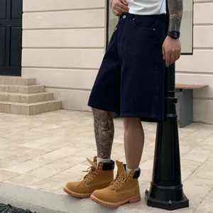 Men's loose dark blue denim shorts casual streetwear knee length stylish five-quarter pants