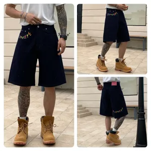 Men's casual loose blue denim shorts streetwear hip hop style five-point denim trousers