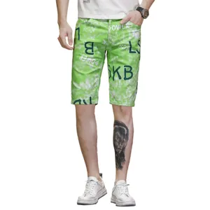 Summer thin green stretch printed men casual straight denim shorts beach trousers