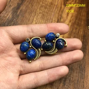 Vintage lapis lazuli rhinestone earrings, elegant antique bronze tone copper jewelry gift.