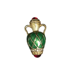 French vintage style green enamel vase brooch elegant rhinestone inlaid gold tone pin jewelry