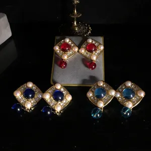 Vintage Style Alloy Rhinestone Artificial Pearl Colored Glass Pendant Earrings Women Fashion Jewelry