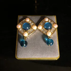 Vintage blue glass pearl rhinestone gold-tone drop earrings detail close up chic jewelry