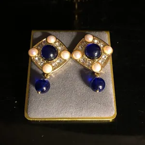 Vintage square blue stone pearl rhinestone drop earrings elegant gold tone jewelry detail shot
