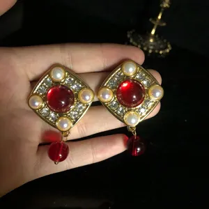 Vintage square red stone rhinestone pearl dangle earrings retro palace style elegant jewelry for women
