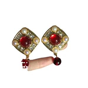 Vintage baroque rhinestone pearl drop earrings elegant red crystal geometric gold ear studs