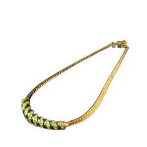 Elegante retro groene emaille strass gouden ketting, veelzijdige vintage sieraden dames.