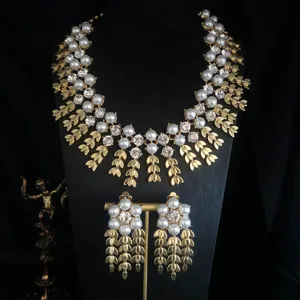 Vintage Alloy Artificial Pearl Rhinestone Wheat Ear Tassel Necklace And Earrings Jewelry Set