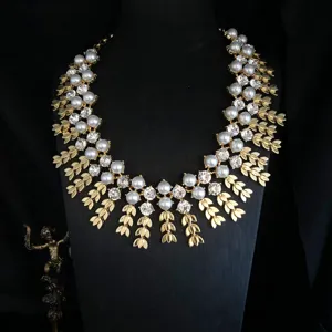 Vintage gold pearl crystal wheat tassel statement necklace elegant retro jewelry accessory.