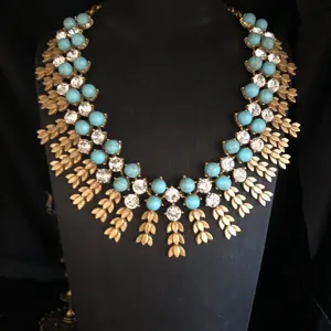 Vintage statement necklace with turquoise beads rhinestones gold wheat leaves metal detail