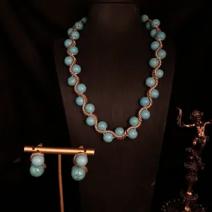 Vintage Retro Handmade Woven Turquoise Lapis Lazuli Necklace Earrings Set Antique Gold Alloy Jewelry Set For Women Gift