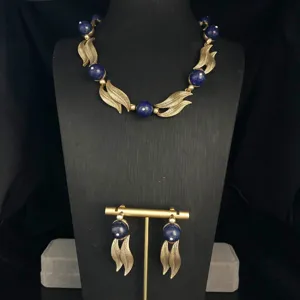 Vintage retro gold-tone blue stone leaf necklace and earrings set for women elegant charm